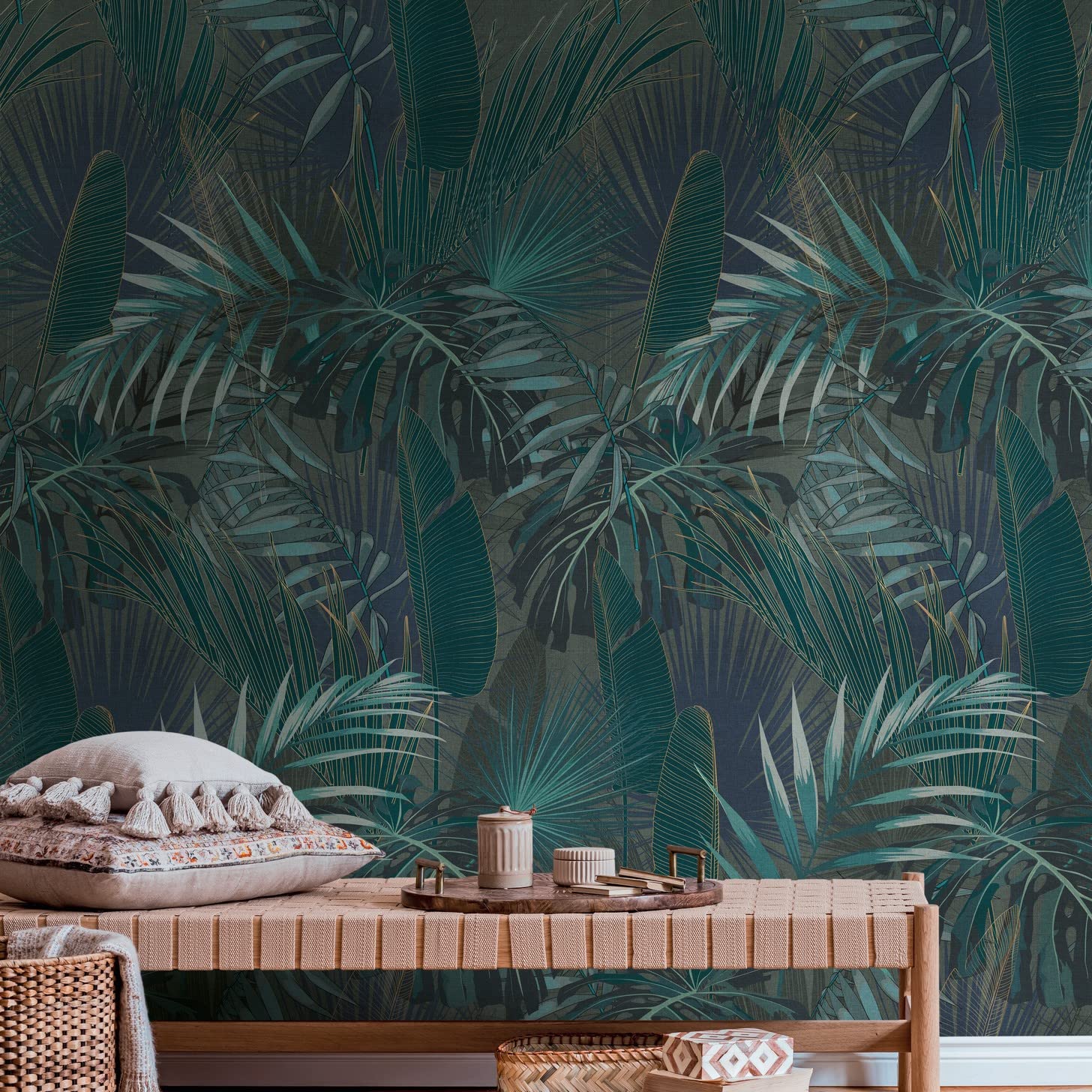Livingwalls Travel Styles Non-Woven Wallpaper - Palm Leaf Wallpaper in Blue and Blue - Tropical Wallpaper for Various Rooms in 1.59 m x 2.80 m