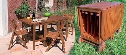 Set Tavolo Da Esterno Giardino In Legno Con 4 Sedie Richiudibili Allinterno Con Ruote