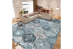 IKALIFE Vintage Washable Rug 6x9 - Machine Washable Floral Area Rugs with Non Slip Backing for Living Room Bedroom Dining Room Stain Resistant, Home Office Decor, Soft Low-Pile Carpet, Blue