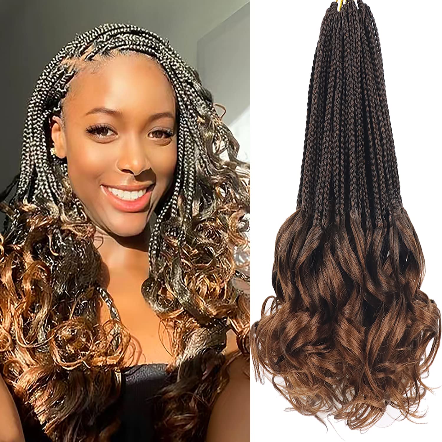 Photo 1 of Pre Looped French Curly Braiding Hair 12 Inch Goddess Box Braids Crochet Hair for Women French Curl Braiding Hair Crochet Hair French Curl Crochet Braids with Curly Ends Hair Extensions(T30#)
