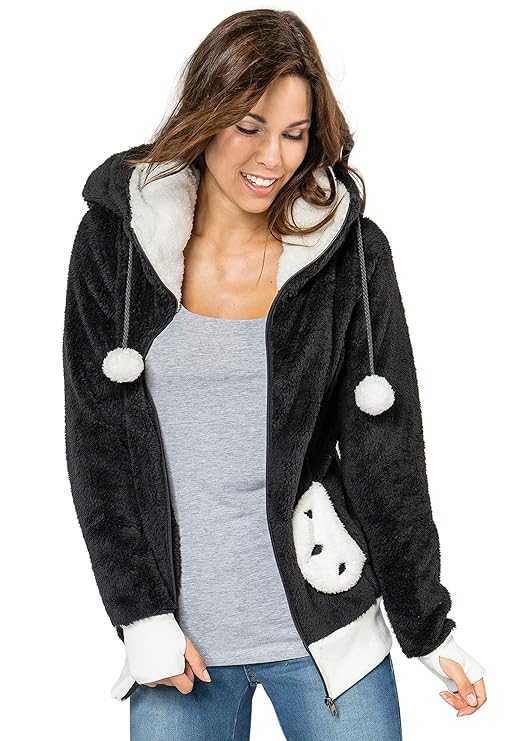 Sublevel Damen Fleece Jacke Panda Style mit Öhrchen und Panda Gesicht