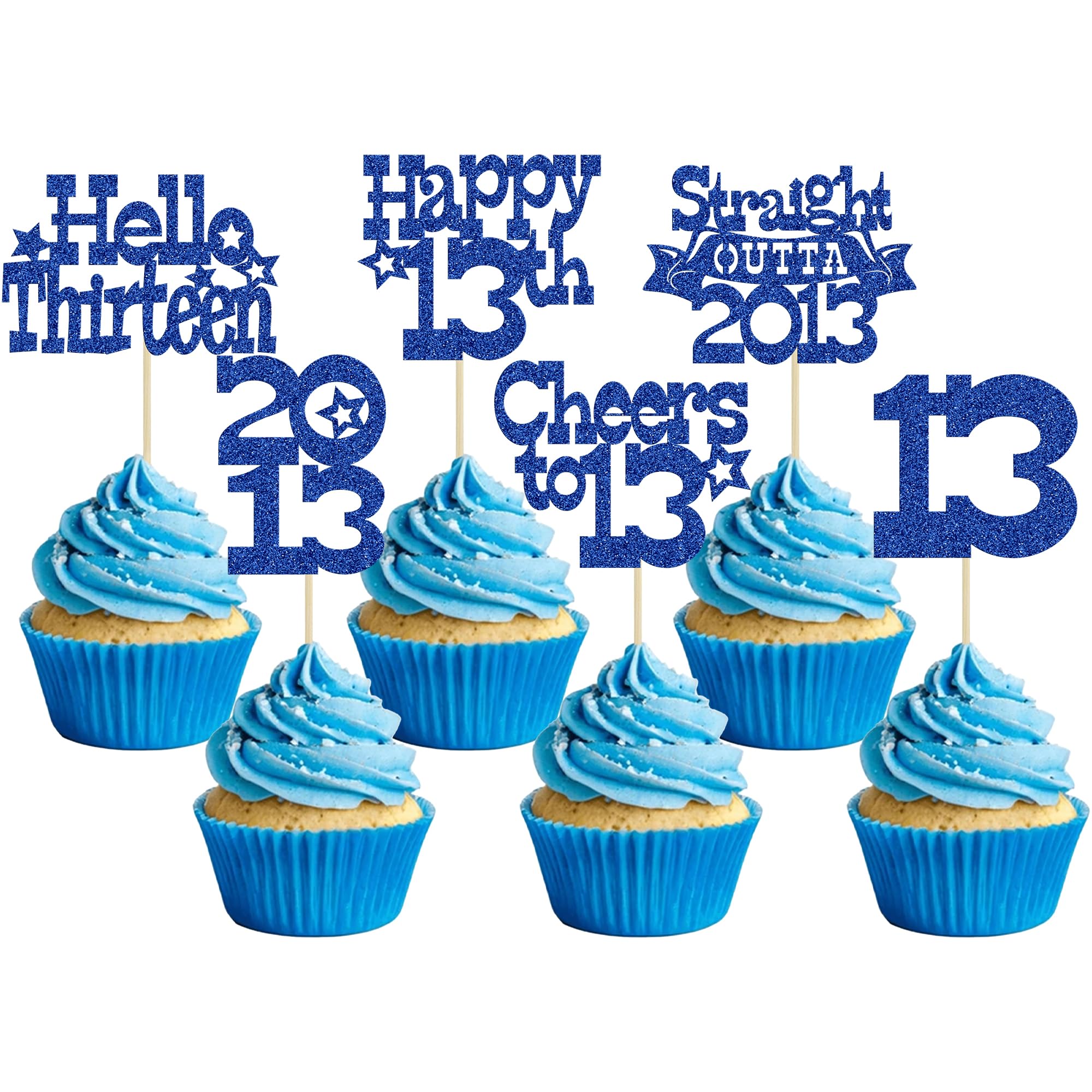 Ephlyn 30Pcs Happy 13th Birthday Cupcake Toppers Glitter Thirteen Straight Outta 2013 Cupcake Picks Cheers to 13 Years Cake Decorations for 13th Birthday Anniversary Party Supplies Blue