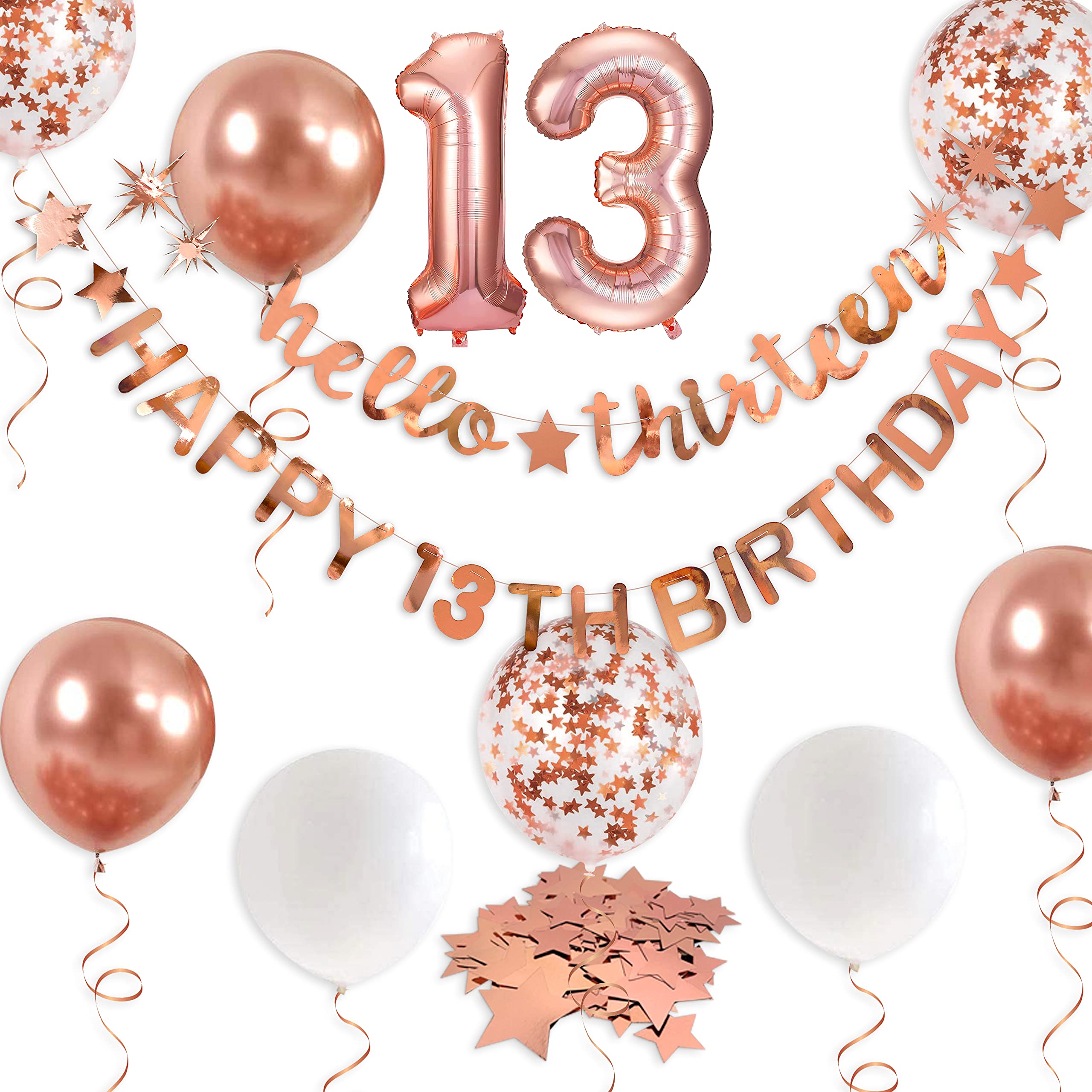 Rose Gold Hello Thirteen Happy 13th Birthday Banner Garland Foil Balloon 13 for 13 Birthday Decorations Official Teenager 13th Birthday Decor for Teen Girls 13 Year Old Birthday Party