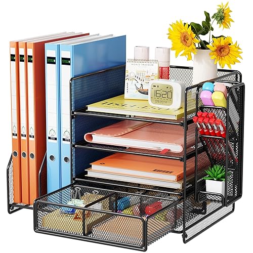 Casavibe Desk Organiser with File Holder, 5-Tier Paper Organiser with Pen Holders, Mesh Desk File Organiser with Magazine Holder（Upgraded）