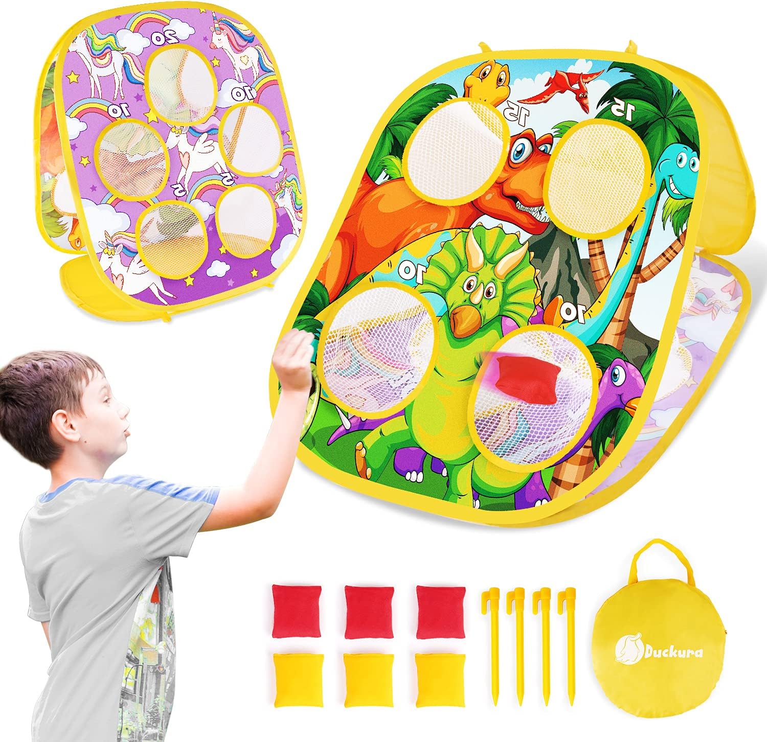 Duckura Bean Bag Toss Game for Kids,Outdoor Summer Beach Toys for Toddler-Collapsible Cornhole Game Set, Dinosaur & Unicorn Themes, Indoor Birthday Party Gift Toys for Kids Age 3 4 5 6+ and Adults: Toys & Games