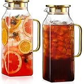 2 Pack 2 Liter/68 oz Square Glass Pitcher with Lid, Classic Stripes Water Pitchers with Handle for Fridge, Large Jug for Iced Tea, Coffee, Borosilicate Glass Carafe for Hot/Cold Brew Drink, Gold