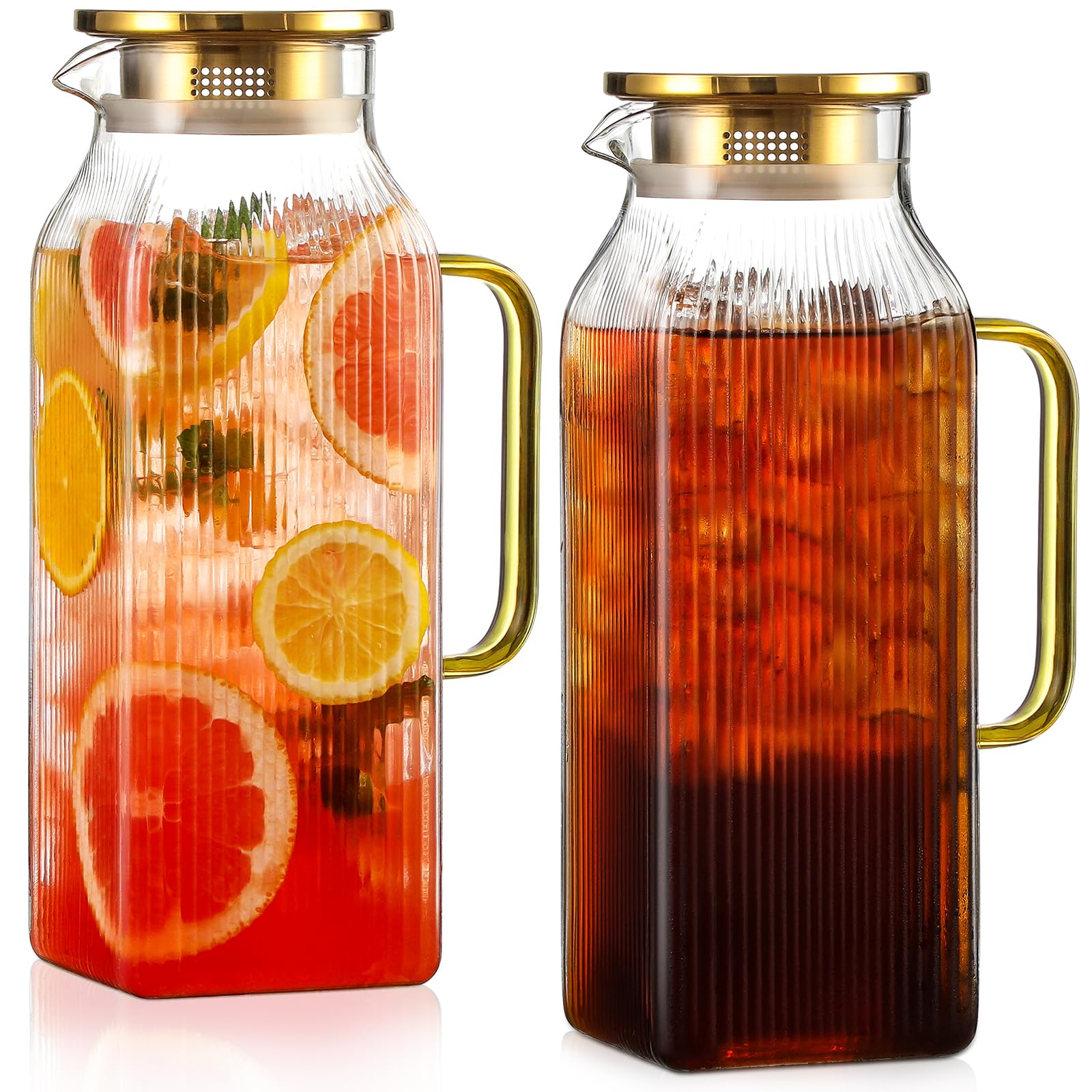Photo 1 of 2 Pack 2 Liter/68 oz Square Glass Pitcher with Lid, Classic Stripes Water Pitchers with Handle for Fridge, Large Jug for Iced Tea, Coffee, Borosilicate Glass Carafe for Hot/Cold Brew Drink, Gold