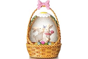 Blansong Easter Snow Globe Bunny Snow Globe Basket with Timer, USB and Battery Powered, Easter Decorations for Home Eggs Basket