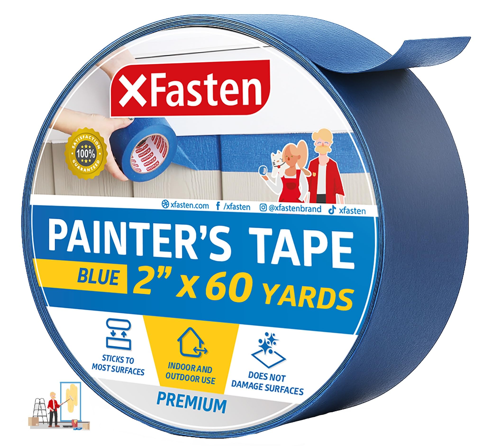 XFasten Professional Blue Painters Tape, Sharp Edge Line Technology, 2" by 60 Yards (Single Pack) - Produces Sharp Lines and Residue-free Artisan Grade Clean Release Wall Trim Tape