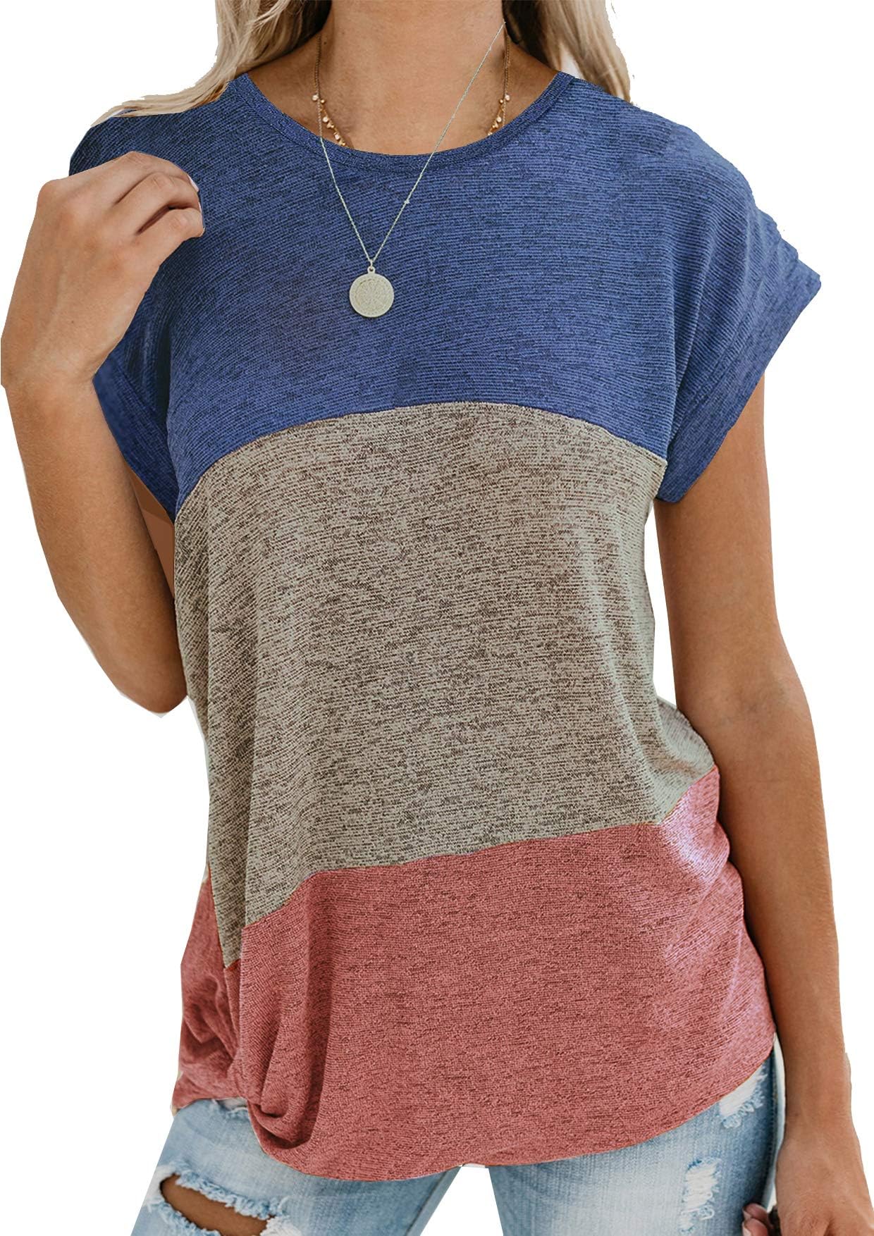 Women's Summer Tunic Tops Color Block Side Twist Knotted Short Sleeve Shirts Casual Blouse