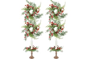 LemonRoad 4 Pieces 3.15in Christmas Candle Ring Wreath for Taper Candles, Pine Branch with Red Berries Lamb's Ear Garland, Candle Rings for Taper Candles, Table Decoration, Winter Home Decor