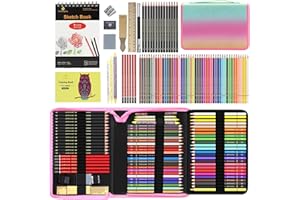 HESHENGPING 80pcs Drawing Kit Sketching Set Art Sketch Supplies Coloring pencils Kit 48 Colored pencil,14 Graphit, 6 Charcoal, 50 Page 3-Color sketckbook coloring book Portable Case ect. Beginners Artists Adults