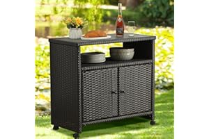 GOOGIC Outdoor Wicker Storage Cabinet - Patio Bar Table with Wheel,Outdoor Buffet Cabinet Movable,Garden Weather-Proof Bar Table/Cart for Indoor&Outdoor (Dark Brown)