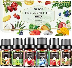 AESHORY Fruchtig Ätherische Öle Set für Diffuser 6 x 10ML, Aromatherapie Duftöl Geschenkset, 100% Naturrein Aroma Öl für Luftbefeuchter - Erdbeere, Heidelbeere, Kirsche, Kokosnuss, Wassermelone, Mango