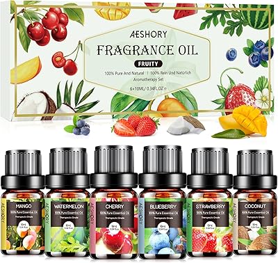 AESHORY Fruchtig Ätherische Öle Set für Diffuser 6 x 10ML, Aromatherapie Duftöl Geschenkset, 100% Naturrein Aroma Öl für Luftbefeuchter - Erdbeere, Heidelbeere, Kirsche, Kokosnuss, Wassermelone, Mango