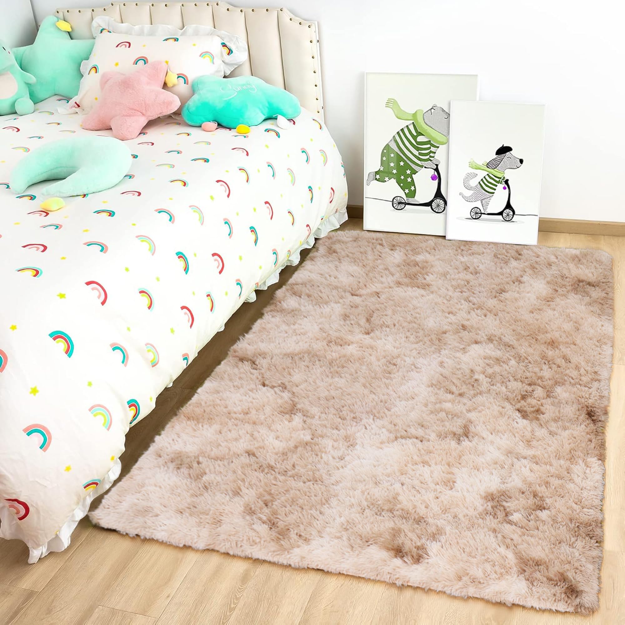 Oxford Homeware Rugs Living Room Small 50x80 CM – Tie-Dye Beige Area Rugs for Bedroom Anti Slip – Modern Super Soft Plush Carpets Fluffy Shaggy Rug for Lounge – Non Shedding Bedside Rug for Kids Room