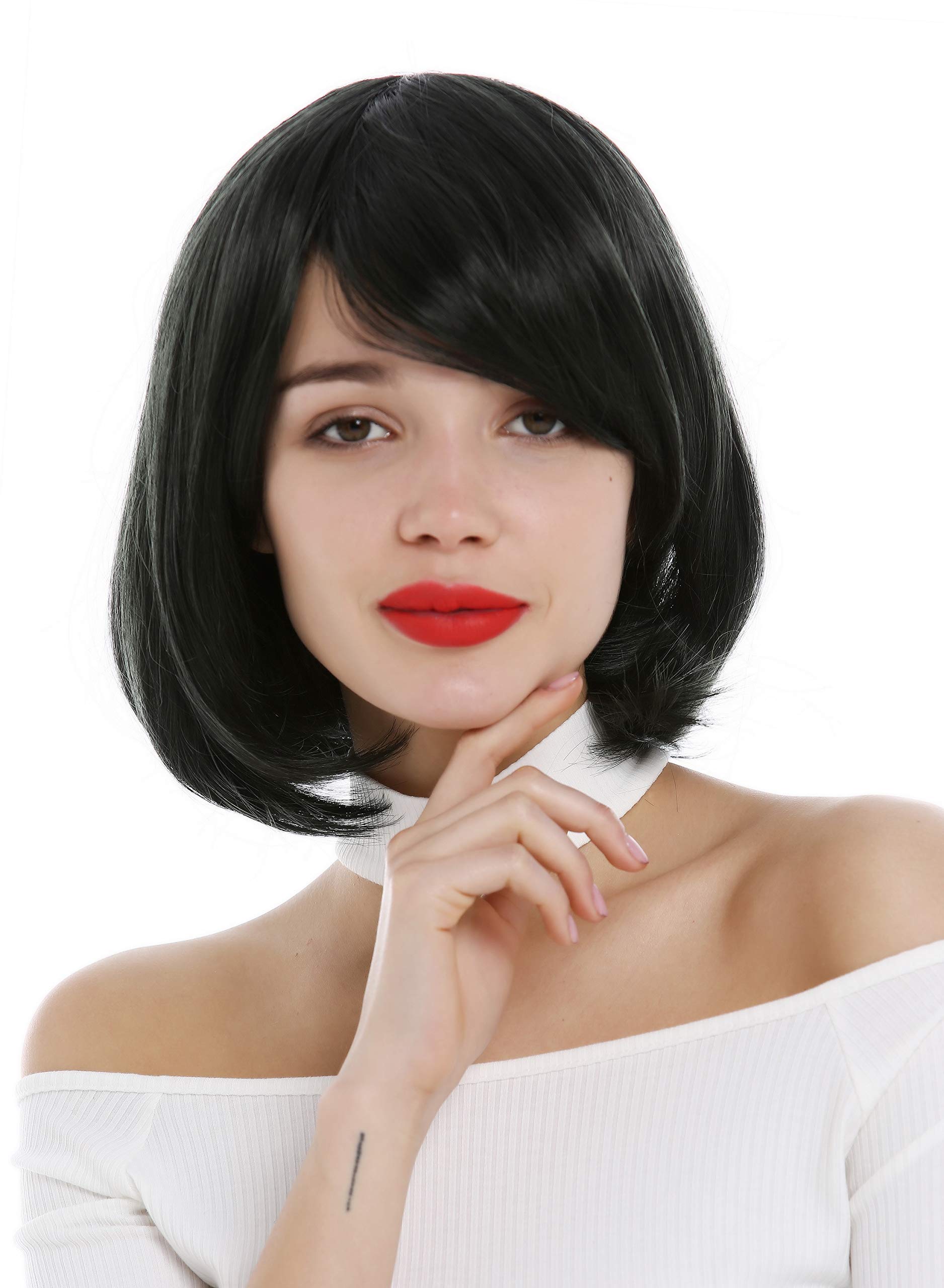 WIG ME UP - YZF-0822-1B/T2614 Lady wig short blunt cut bob sleek long fringe word parted black streaked with green highlights