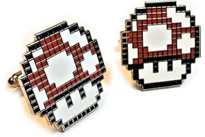 Red Mushroom Growth 8-Bit Retro Gaming Cufflinks, Pixel Art Design, Hard Enamel Nickel Plated, 1 Inch Emblem, Video Game Cosp