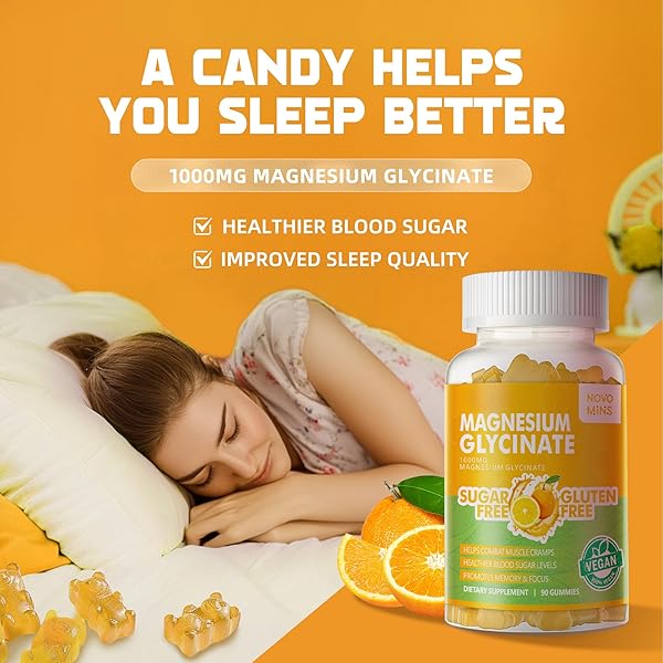 NOVOMINS 180 CT MAGNESIUM GLYCINATE GUMMIES 1000MG – SUGAR FREE MAGNESIUM POTASSIUM SUPPLEMENT WITH VITAMIN D, B6, COQ10 FOR CALM MOOD & SLEEP SUPPORT – 180 ORANGE GUMMIES