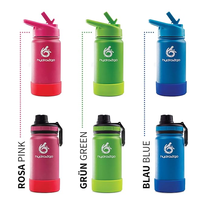 hydro2go ® Kinder Trinkflasche aus Edelstahl - 350ml | Thermo Edelstahlflasche BPA-frei für Kinder + 2 Trinkverschlüsse | 100