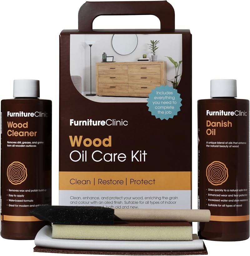 Furniture Clinic Wood Oil Kit 250ml Danish Oil & Cleaner + Accessories