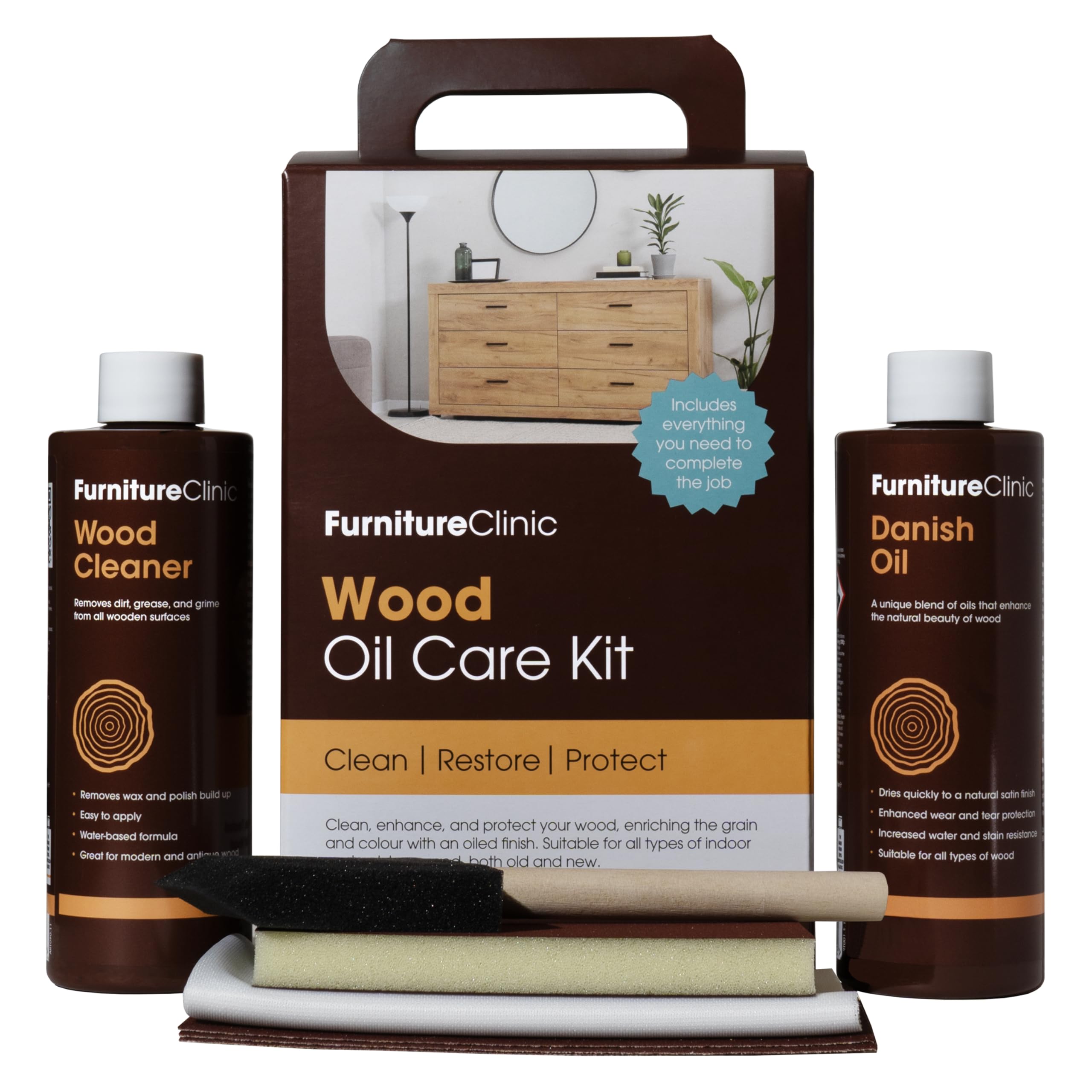 Wood Oil Kit - for Oiling & Restoring All Indoor & Outdoor Wooden Surfaces Such as Furniture, Worktops & Doors. Contains 250ml Danish Oil, 250ml Wood Cleaner, Sanding Pads, Brushes, Cloths.