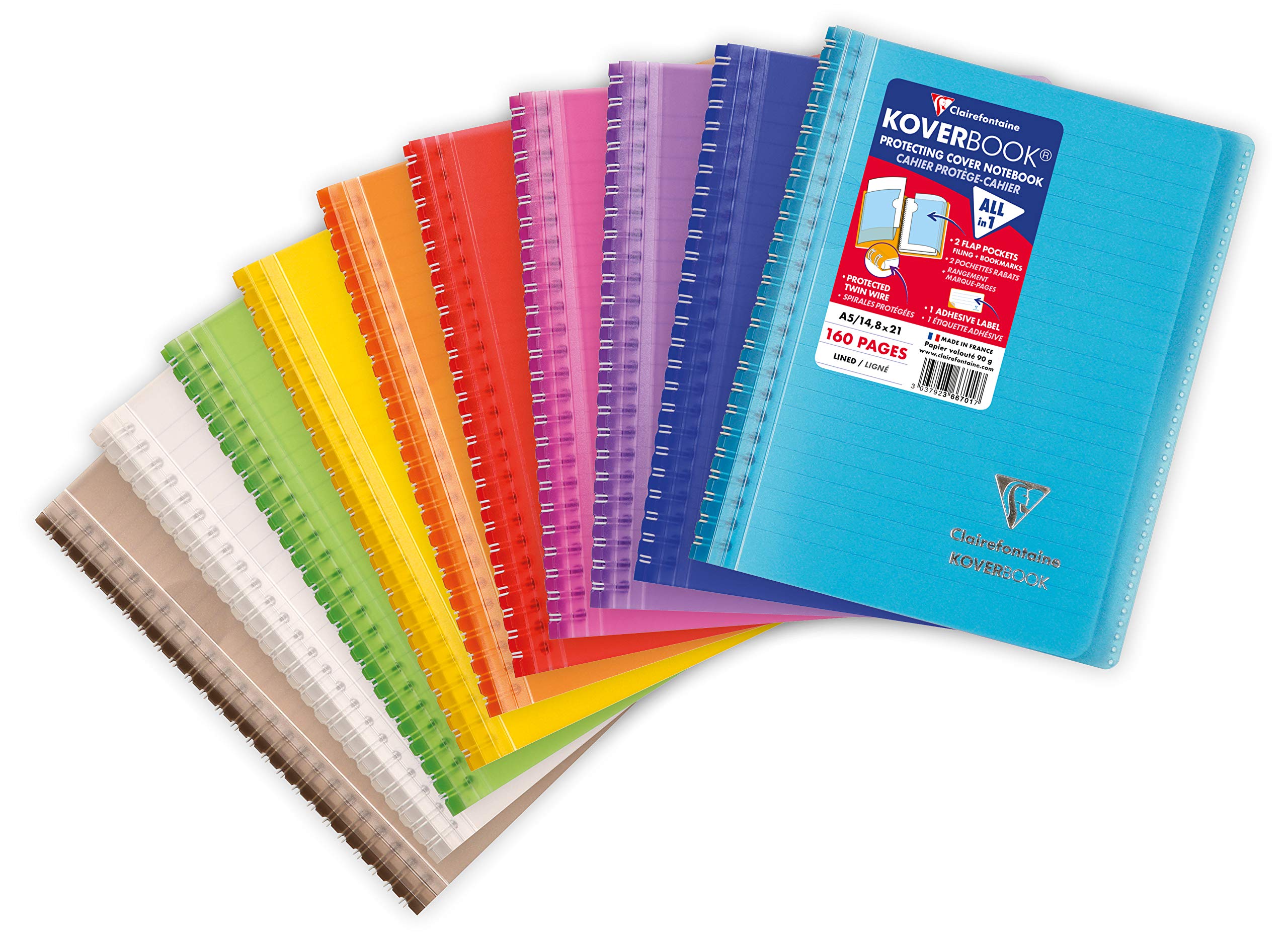 Clairefontaine 366701C - One Koverbook Spiral Notebook - Size: A5 14,8x21 cm - 160 Lined Pages - 90 g White Paper - Polypro Envelope Cover - Random Colour