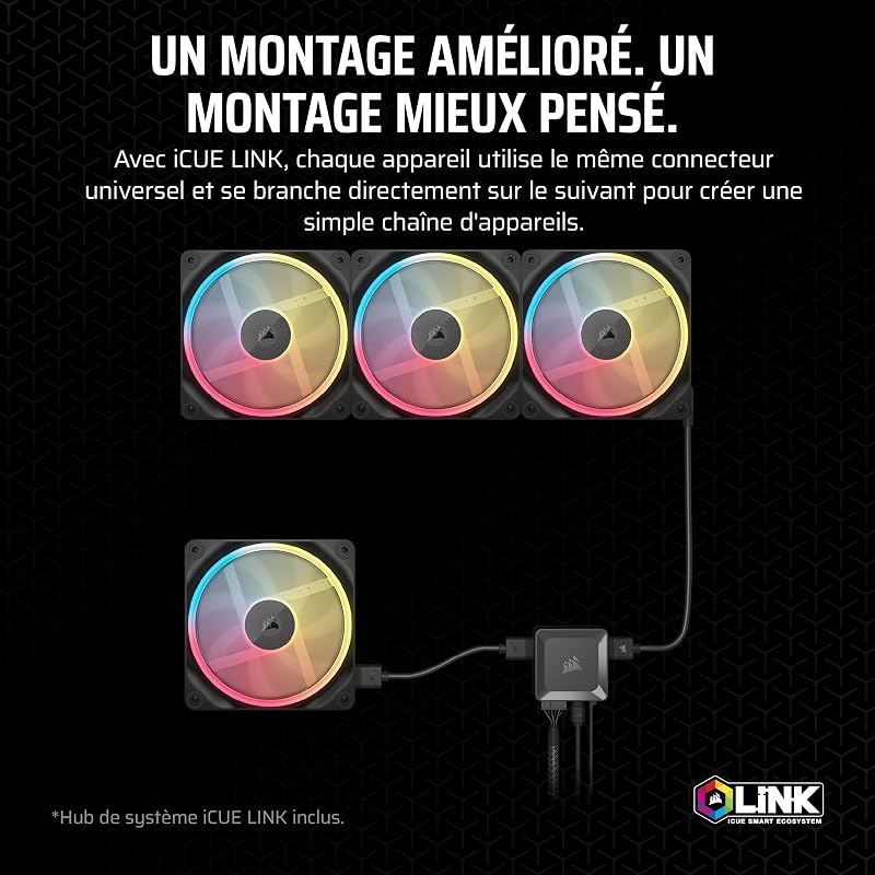 iCUE LINK LX120-R RGB 120mm PWM Ventilateur Inversés – Kit Triple Ventilateur – Faible Bruit, CORSAIR Palier à Dôme Magnétique, Double Boucle Lumineuse, Vis QuikTurn™, Mode Zéro RPM – Noir