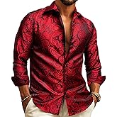Barry.Wang Men's Silk Shirts Button Down Dress Shirt for Men Satin Paisley Floral Long Sleeve Cowboy Casual Mexico Shirts
