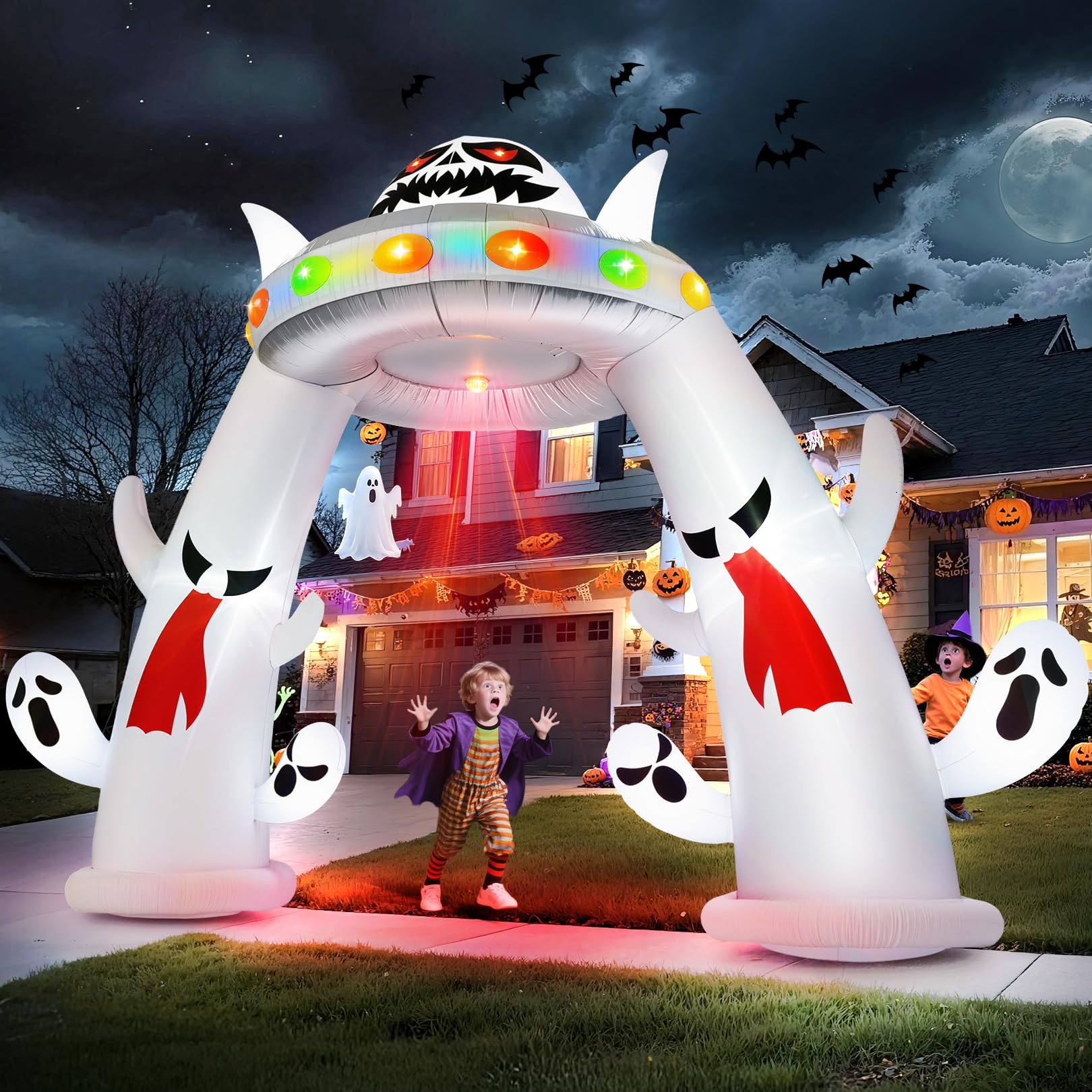 Photo 1 of 11FT Wide Halloween Inflatable Archway, 2025 Giant Inflatable Arch with Ghosts, Red Flame Light & Flashing Lights & LED Lights Outdoor Halloween Decor for Yard Garden Lawn Holiday Party