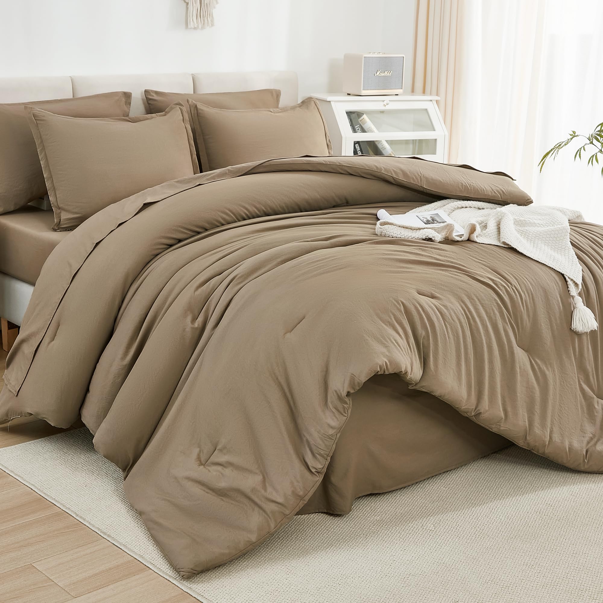 Photo 1 of Litanika Queen Comforter Set Taupe - 7 Pieces Bed in a Bag Queen Bedding Comforter Sets, Solid Lightweight Bed Set with Comforter, Sheets, Pillowcases & Shams