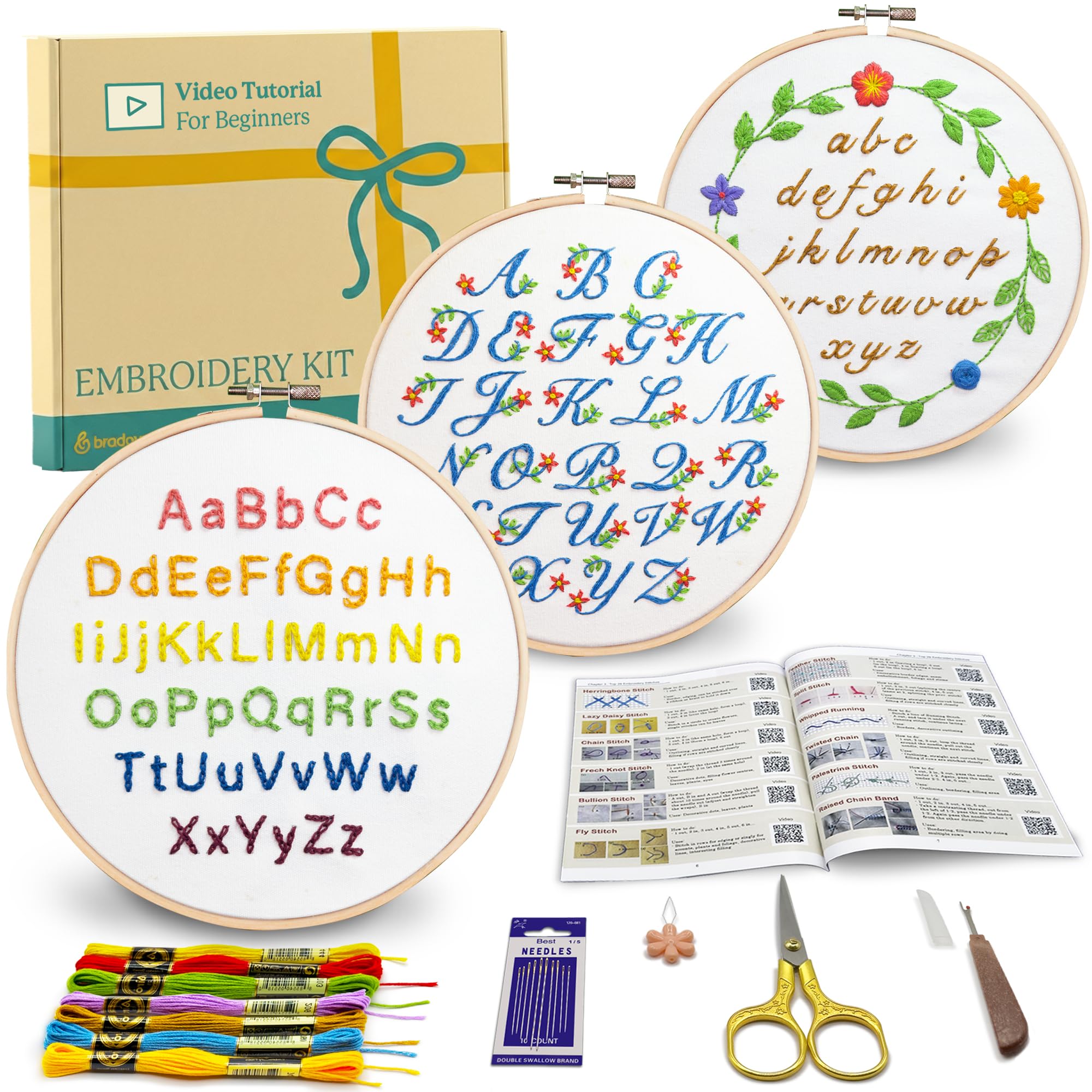 Bradove 3 Sets Alphabet Embroidery Kits for Adults Beginners Kids, Stitching Kit with Embroidery Patterns, Beginners Embroidery Kit Letters with Video Tutorial and Instruction Booklet — image 1