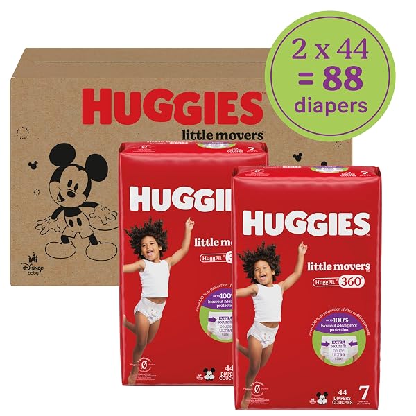 HUGGIES SIZE 7 BABY DIAPERS, LITTLE MOVERS HUGGFIT 360° BABY DIAPERS WITH 360° WAISTBAND, SIZE 7 (41+ LBS), 88 COUNT (2 PACKS OF 44), PACKAGING MAY VARY