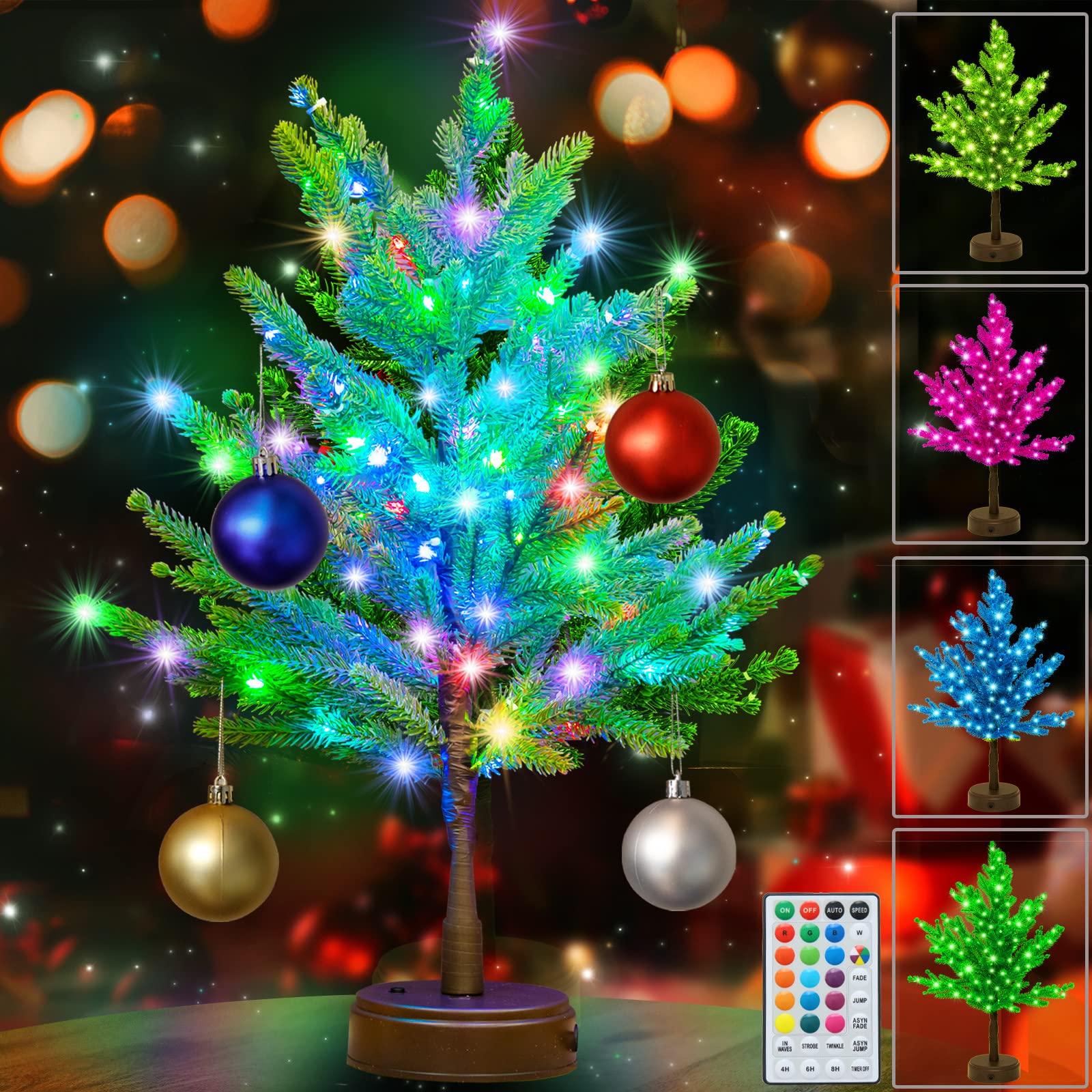Photo 1 of Pooqla RGB Lighted Mini Christmas Tree, Color Changing Tabletop LED Xmas Tree with Remote, Colorful 80 LED Pre-lit Artificial Small Tree with Hanging Ball Ornaments for Home Party Christmas Decoration