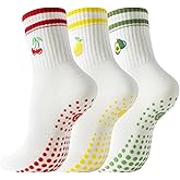 BONANGEL Pilates Socks with Grips for Women, 3 Pairs Womens Non Slip Grippy Cute Cotton Yoga Ballet Barre Workout Socks