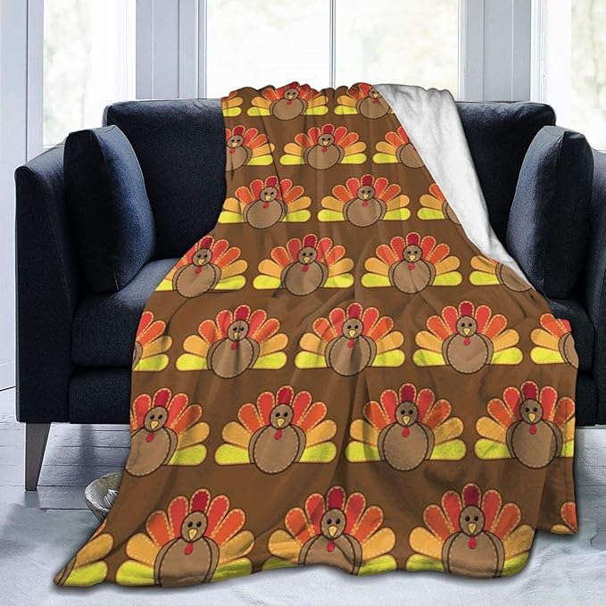 Thanksgiving Turkey With Colorful Tail Feathers Flannel Throw Blankets