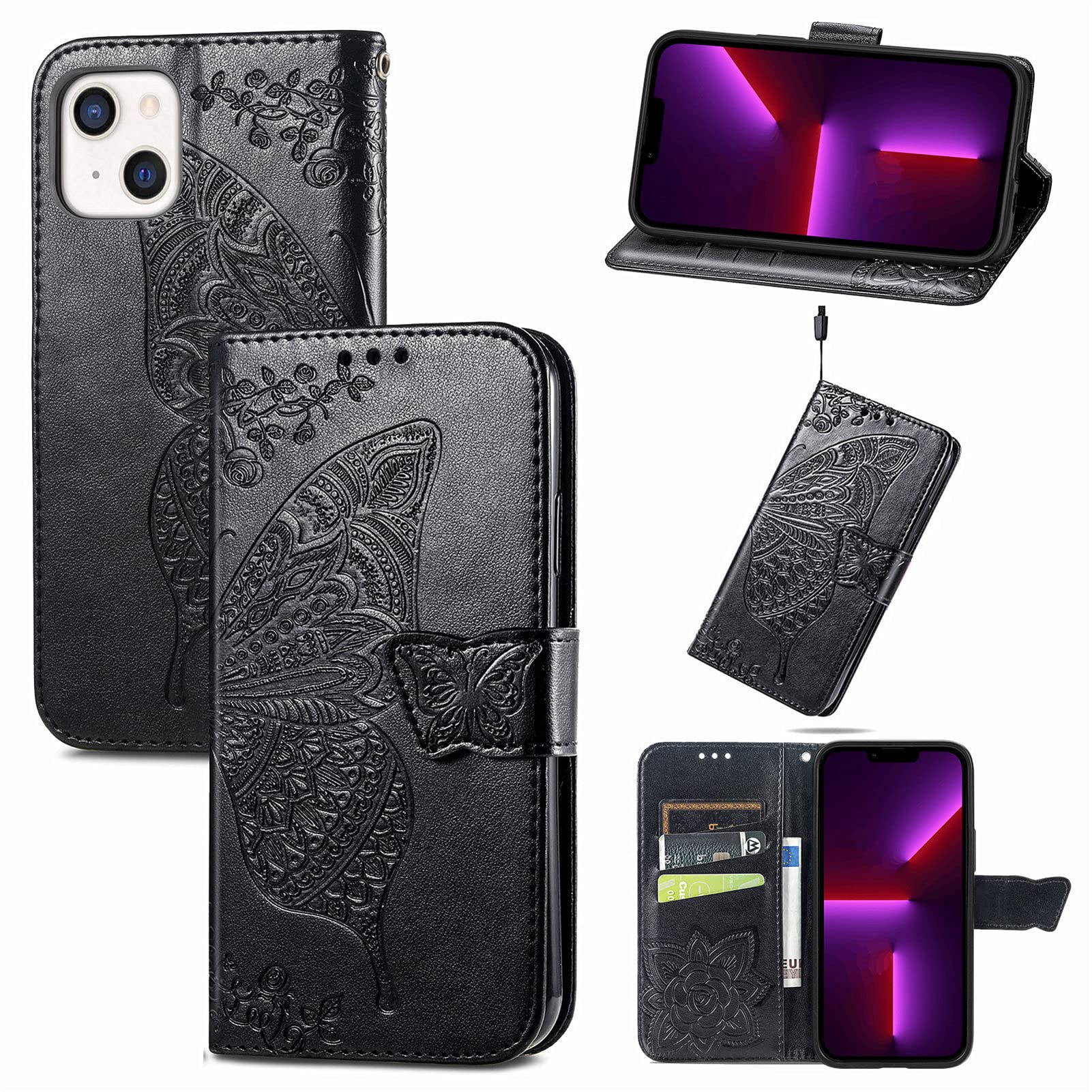 JIUNINE Case for iPhone 13 Mini, Leather Wallet Case Flip Cover with Butterfly Embossed Pattern [Card Holder] [Magnetic Closure] [TPU Inner Shell] for iPhone 13 Mini, Black