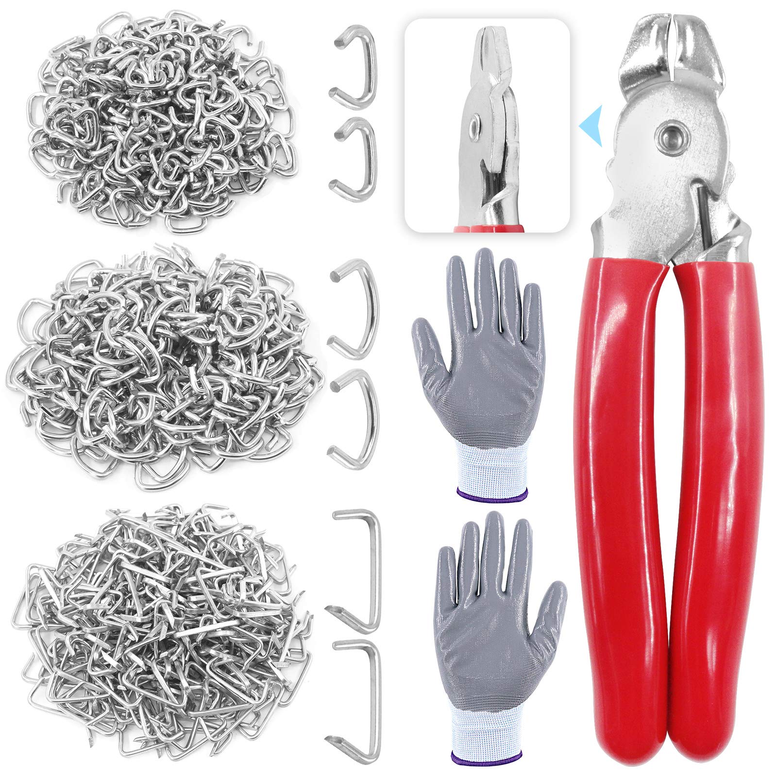 Glarks 362Pcs Hog Ring Pliers Kit with 360Pcs Steel Hog Rings (1/2'' 3/4'' 3/8'') and Anti-Cutting Gloves for Upholstery, Fencing, DIY Craft, Furniture and More
