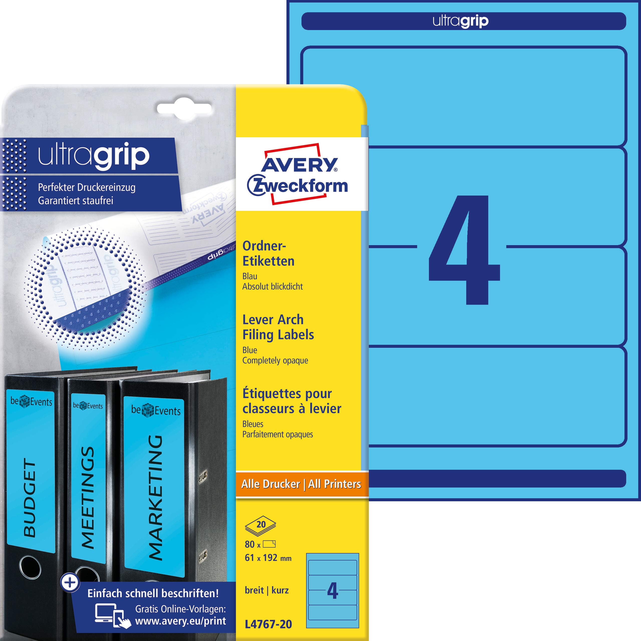 Avery Zweckform L4767-20, Folder Labels for Wide Folders Short e.g. for Leitz Elba Mehle Bene Biella 192 x 61 mm 20 Sheets