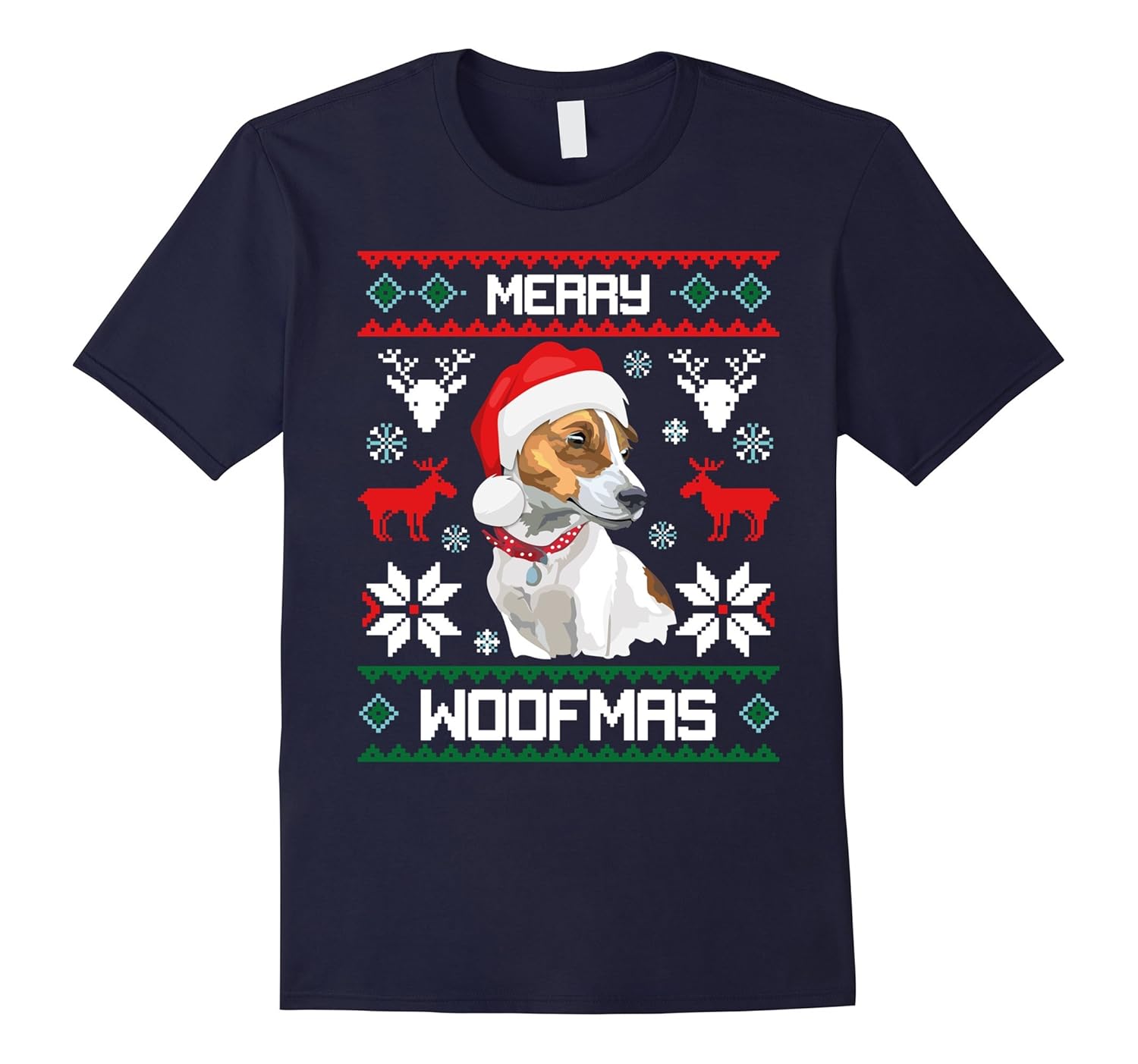Jack Russell Terrier Dog Merry Woofmas Christmas T-Shirt-ANZ