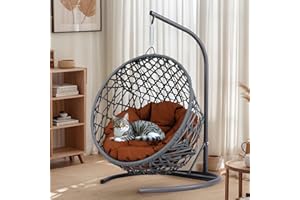 Thctvous Cat Egg Chair with Stand & Cushion, Cat Swing Bed with Rattan Wicker Appearance, Hanging Chair for Indoor Cats Pet Kitten Puppy Small Dogs (Brown, 19.30 Inch)