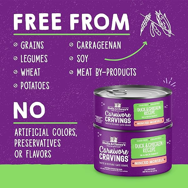 STELLA & CHEWY’S CARNIVORE CRAVINGS MINCED MORSELS CANS – GRAIN FREE, PROTEIN RICH WET CAT FOOD – CAGE-FREE CHICKEN & DUCK RECIPE – (2.8 OUNCE CANS, CASE OF 12)