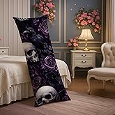 Gothic Body Pillow Cover,Skulls Ravens Floral Soft Velvet Long Body Pillowcase with Zipper,20x54 Decorative for Bed Couch Bedroom 20x54 Inch