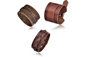 Tornito 3Pcs Genuine Leather Bracelet Braided Biker Cuff Strap Punk Wide Belt Bangle Wristband For Women Men Black Brown Size Adjustable