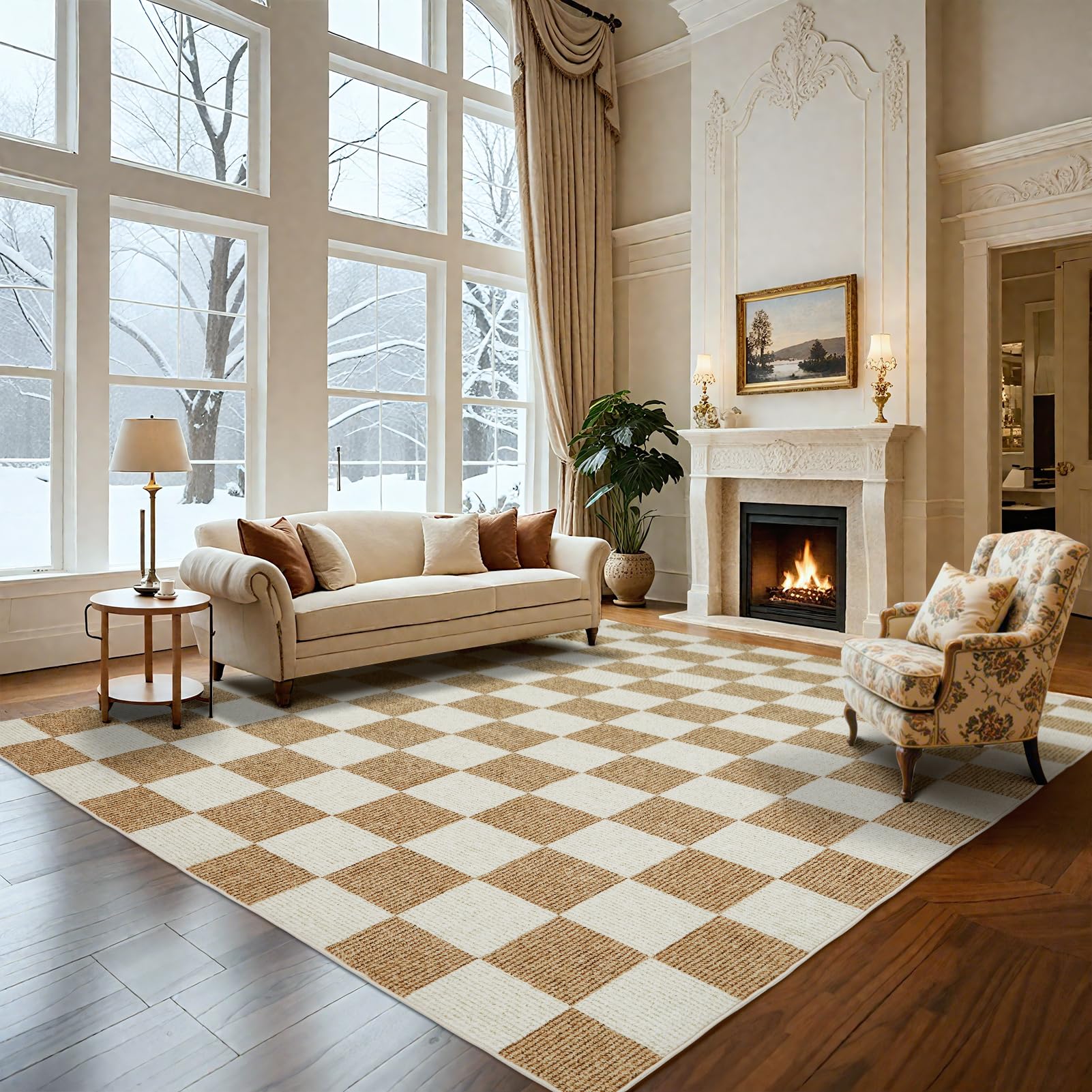 Photo 1 of Washable Rug 8x10 Checkered Rug, Beige and White Area Rug, Boho Large Rugs for Living Room, Low Pile Lightweight Indoor Carpet with Non-Slip Backing for Bedroom Classroom Playroom Kids