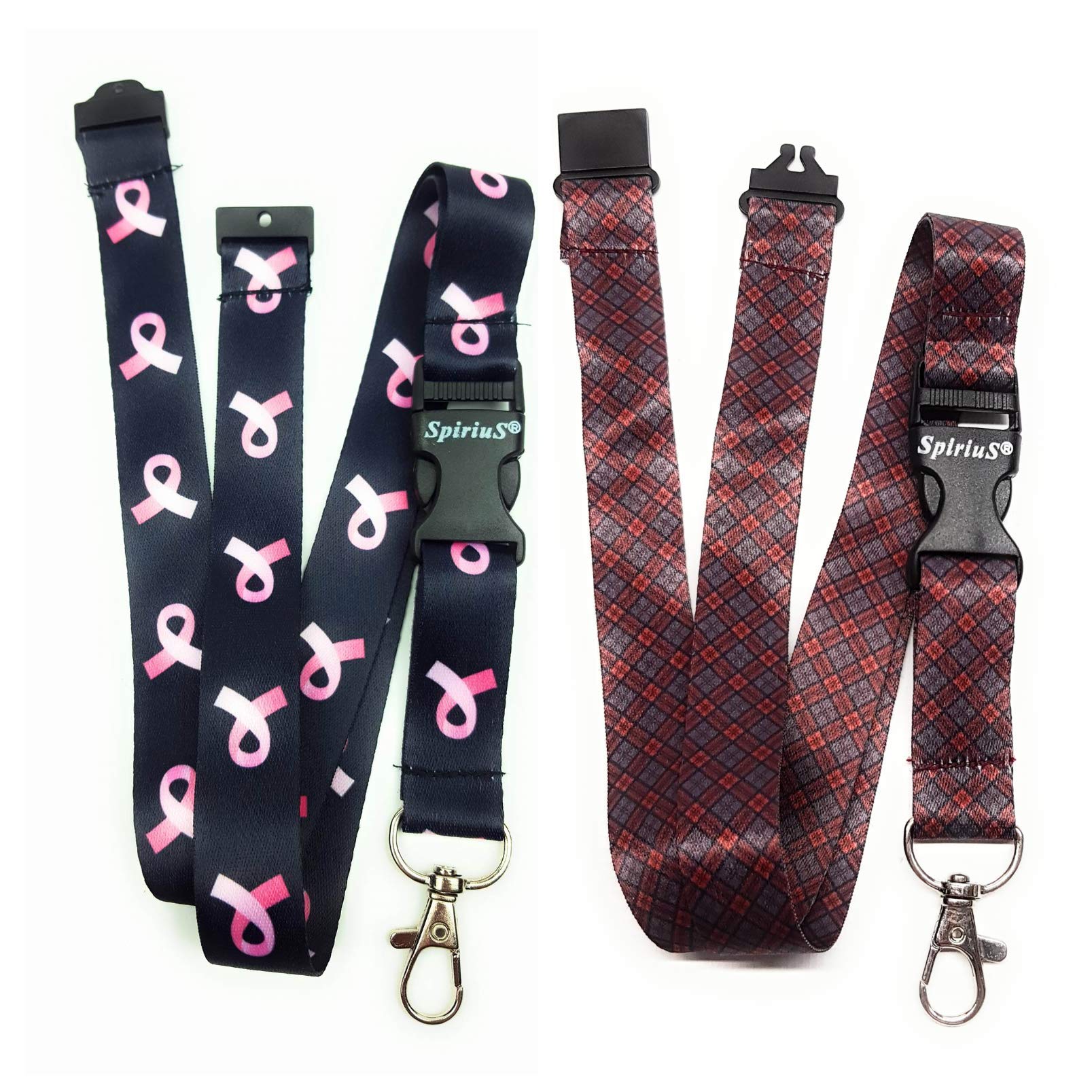 2 X Keychain & Lanyard Neck Strap by Spirius for ID Pass Card Badge Key Metal Clasps (Cancer Logo Black + Tartan)