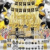 Realspring 91Pcs Happy New Year Party Supplies Plastic New Year's Eve Glasses Headbands Blowouts Inflatable Fireworks Gun Black Gold Silver Balloons Foil Backdrop for 2026 Holiday Celebration Decor