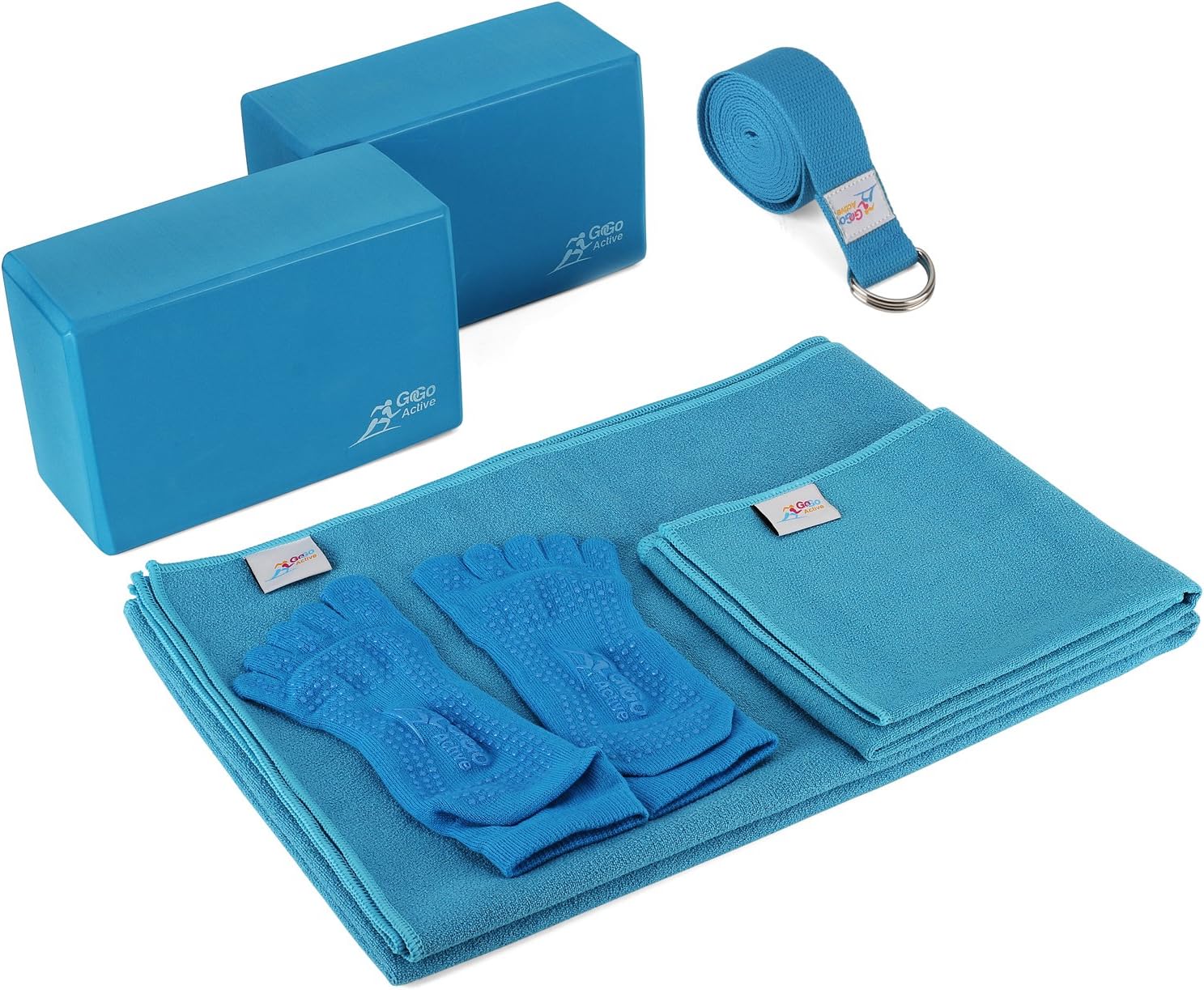 Go Go Active Yoga Accessories Set - Includes 2 Yoga Blocks, 1 Microfiber Non Slip Mat Towel 72X24, 1 Microfiber Hand Towel 24X15, 1 Yoga Strap, 1 Pair of Yoga Socks
