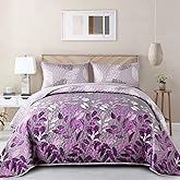 WONGS BEDDING Purple Floral Quilt Set King Size, 3 Pieces Botancal Leaves Bedspread Coverlet Set with 2 Pillowcases for All Season, Soft Microfiber Floral Bedding Set 104"×90"