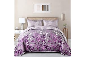 WONGS BEDDING Purple Floral Quilt Set King Size, 3 Pieces Botancal Leaves Bedspread Coverlet Set with 2 Pillowcases for All Season, Soft Microfiber Floral Bedding Set 104"×90"